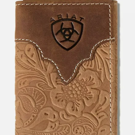 ARIAT TRIFOLD WALLET FLORAL EMBOSSED IVORY STITCH