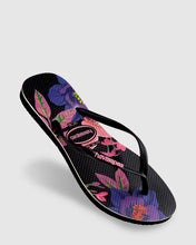 Load image into Gallery viewer, HAVAIANA SLIM FLORAL NEON BLACK THONGS
