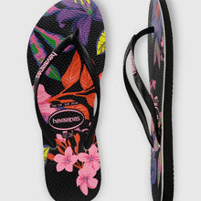 Load image into Gallery viewer, HAVAIANA SLIM FLORAL NEON BLACK THONGS
